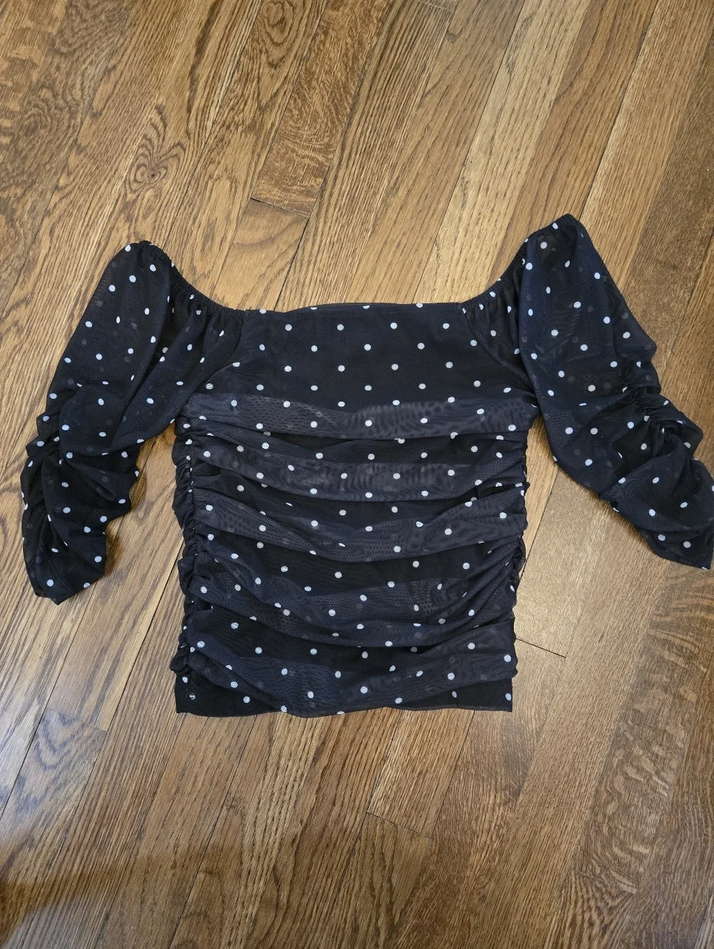 Anthropologie Black Polka Dot Ruched Puff Sleeve Top XXS Square-Neck Mesh Blouse